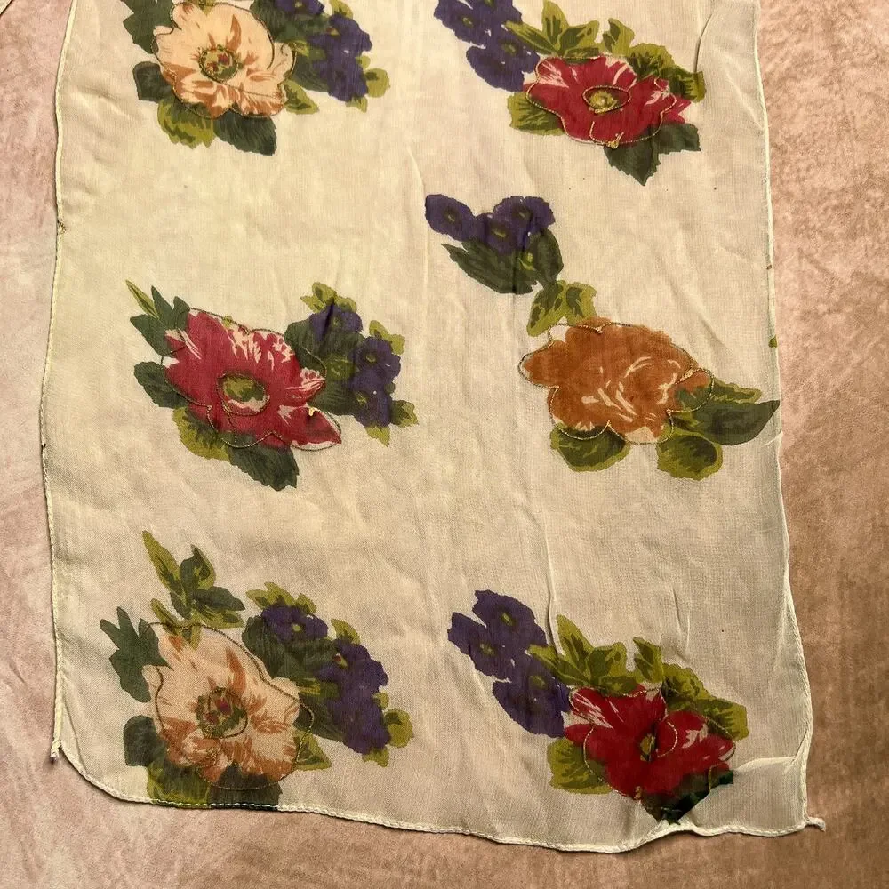 Vintage 90s Berkshire Floral Mesh Scarf Neckerchief Ascot Sheer Retro Mod Boho
